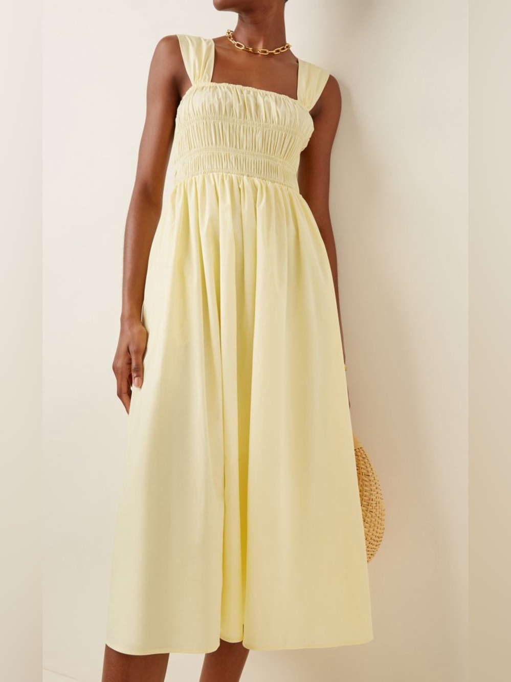 Staud yellow smocked Ida midi dress